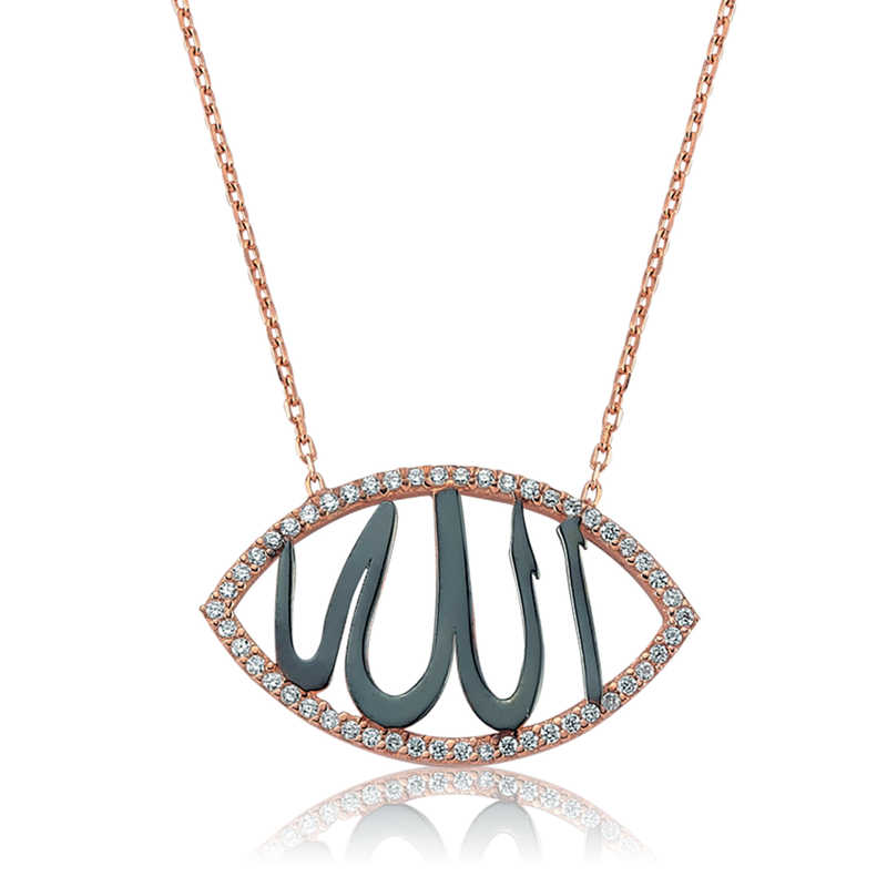 Kadın Gümüş Rose Allah Yazılı Zirkon Taşlı Kolye — Nes Altın