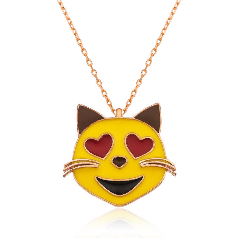 Gümüş Kalp Gözlü Kedi Emoji Bayan Kolye — Nes Altın