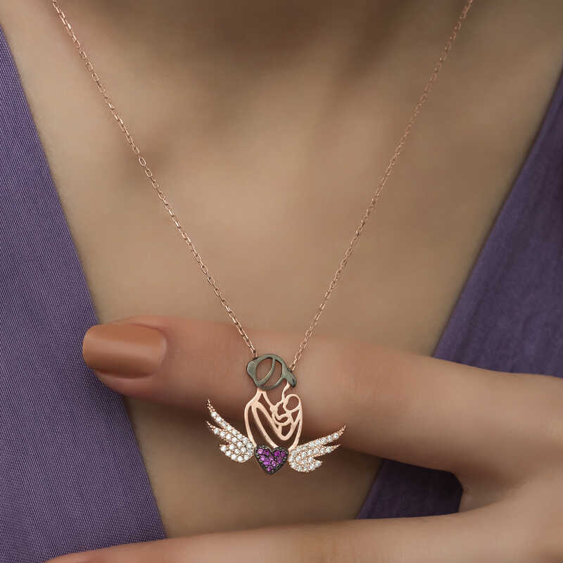 Gümüş Rose Kalpli Anne Ve Çocuk Kolye — Nes Altın — görsel 3