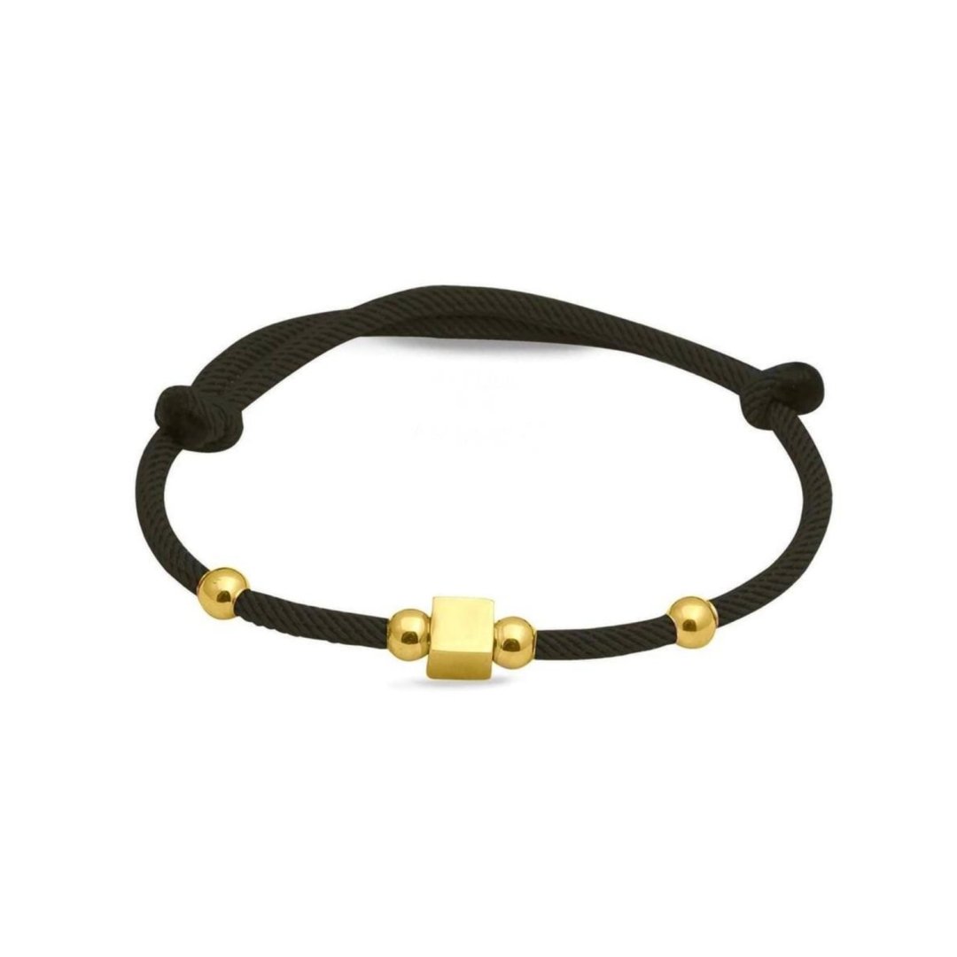 14 Ayar Altın Küp ve Top Detaylı Haki İpli Bileklik