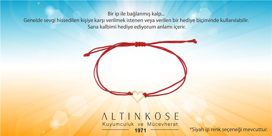 14 Ayar Altın Kalpli Kırmızı İp Şans Bilekliği — Altınköşe — görsel 2