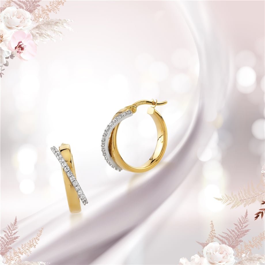 14 Ayar Altın Swarovski Taşlı İç İçe Halka Küpe — Altınköşe — görsel 2