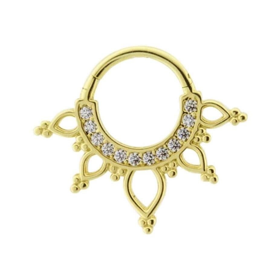 14 Ayar Altın Taşlı Minimal Taç Halka Piercing Sarı
