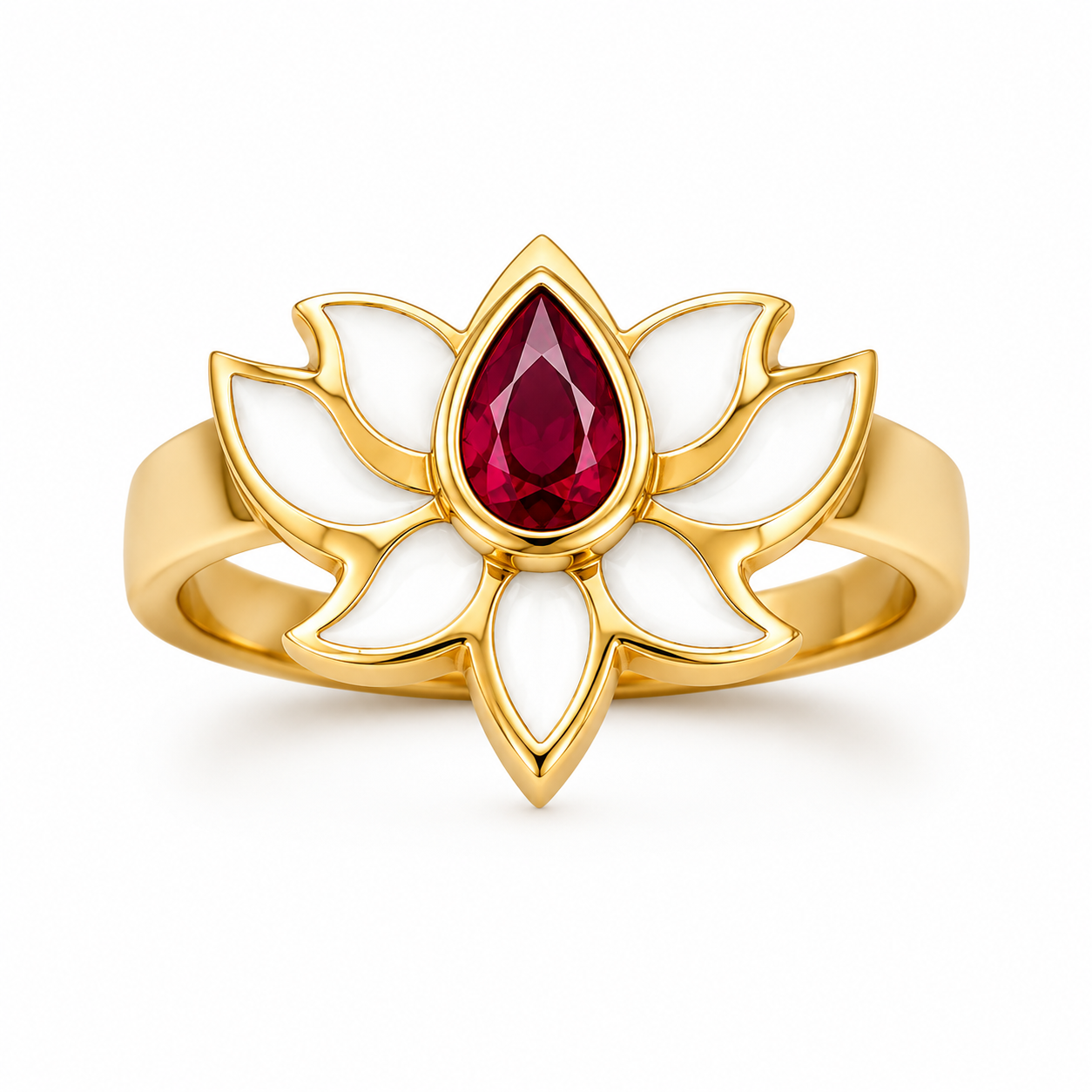 Kadın 14 Ayar Altın Kırmızı Taşlı Lotus Yüzük