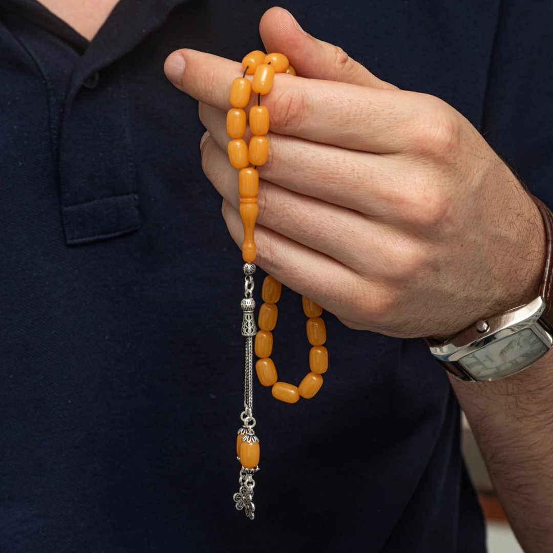 Gümüş Püsküllü Sarı Kapsül Kesim Sıkma Kehribar Tesbih 30 cm — Nes Altın — görsel 3