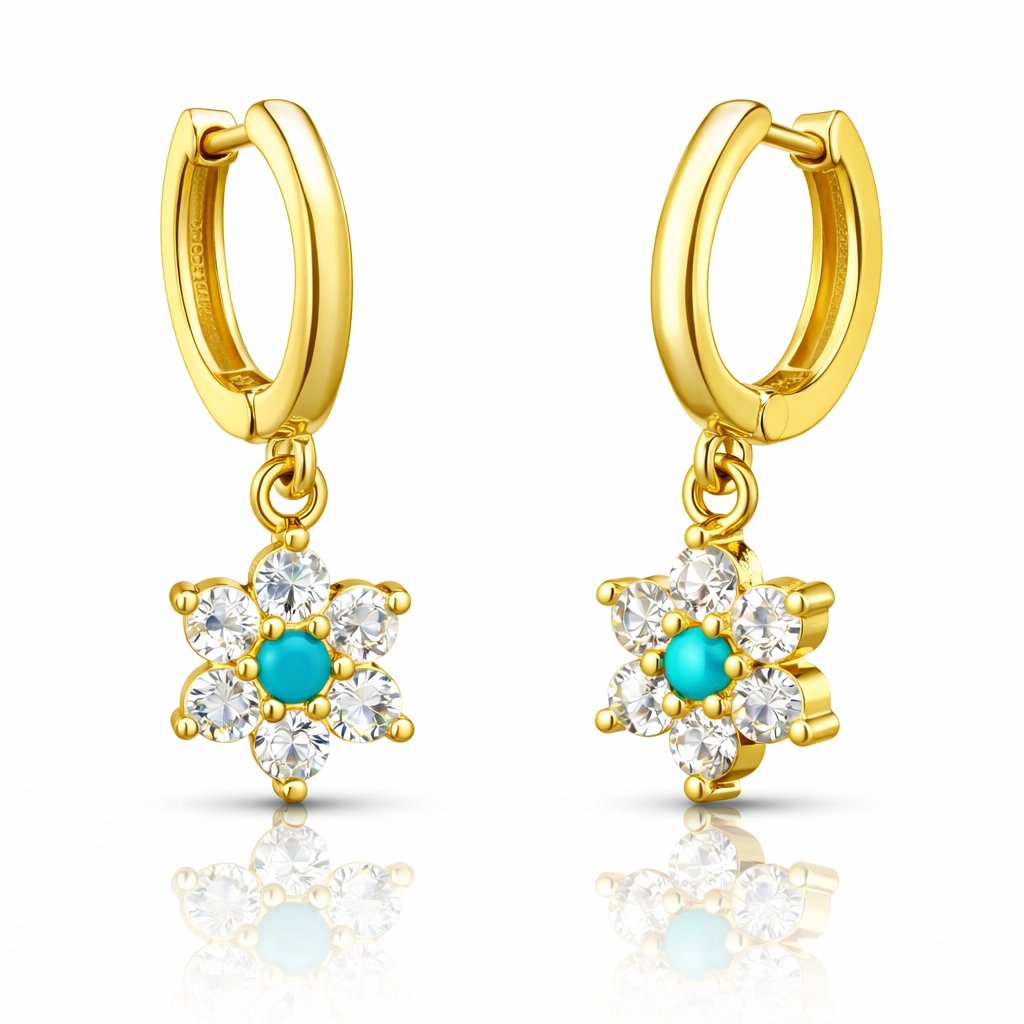 Gümüş Mavi Taşlı Gold Çiçek Kadın Küpe — Nes Altın — görsel 2