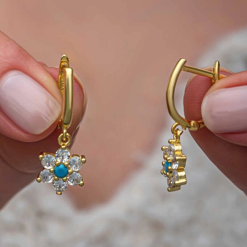 Gümüş Mavi Taşlı Gold Çiçek Kadın Küpe — Nes Altın