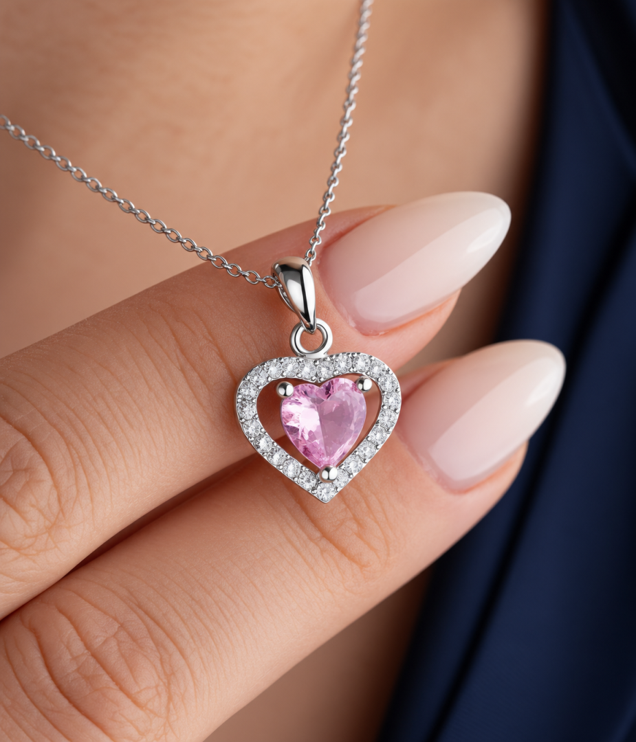 Pembe Zirkon Taşlı Gümüş Kalp Kolye – 45 cm Kadın Kolye — Nes Altın