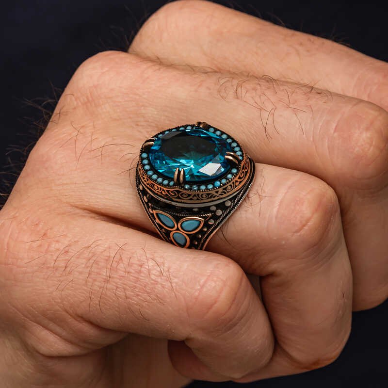 Gümüş Aquamarine Taşlı Erkek Yüzük — Nes Altın