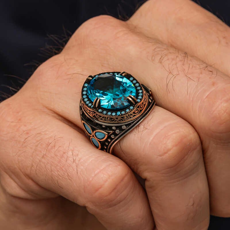 Gümüş Aquamarine Taşlı Erkek Yüzük — Nes Altın — görsel 4