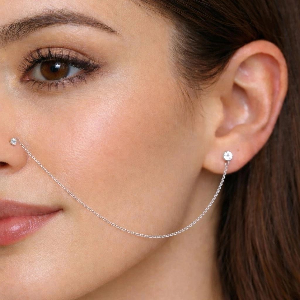 Gümüş Zincirli Burun Piercingi Küpe – 16 cm Burun Kulak Zinciri — Nes Altın