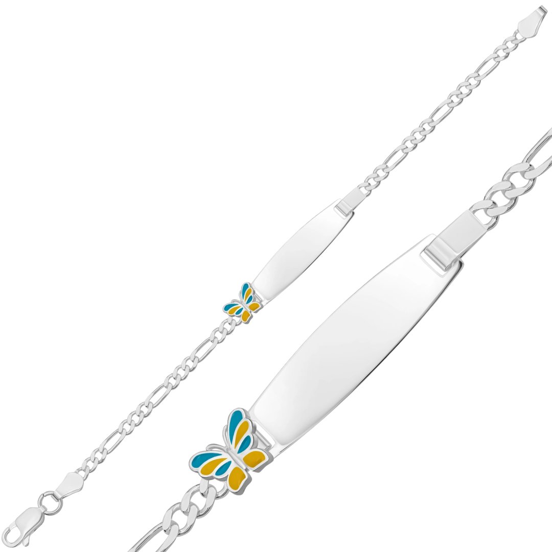 Sarı Mavi Kelebek İsimli Çocuk Künyesi – 925 Ayar Gümüş, 16 cm — Nes Altın