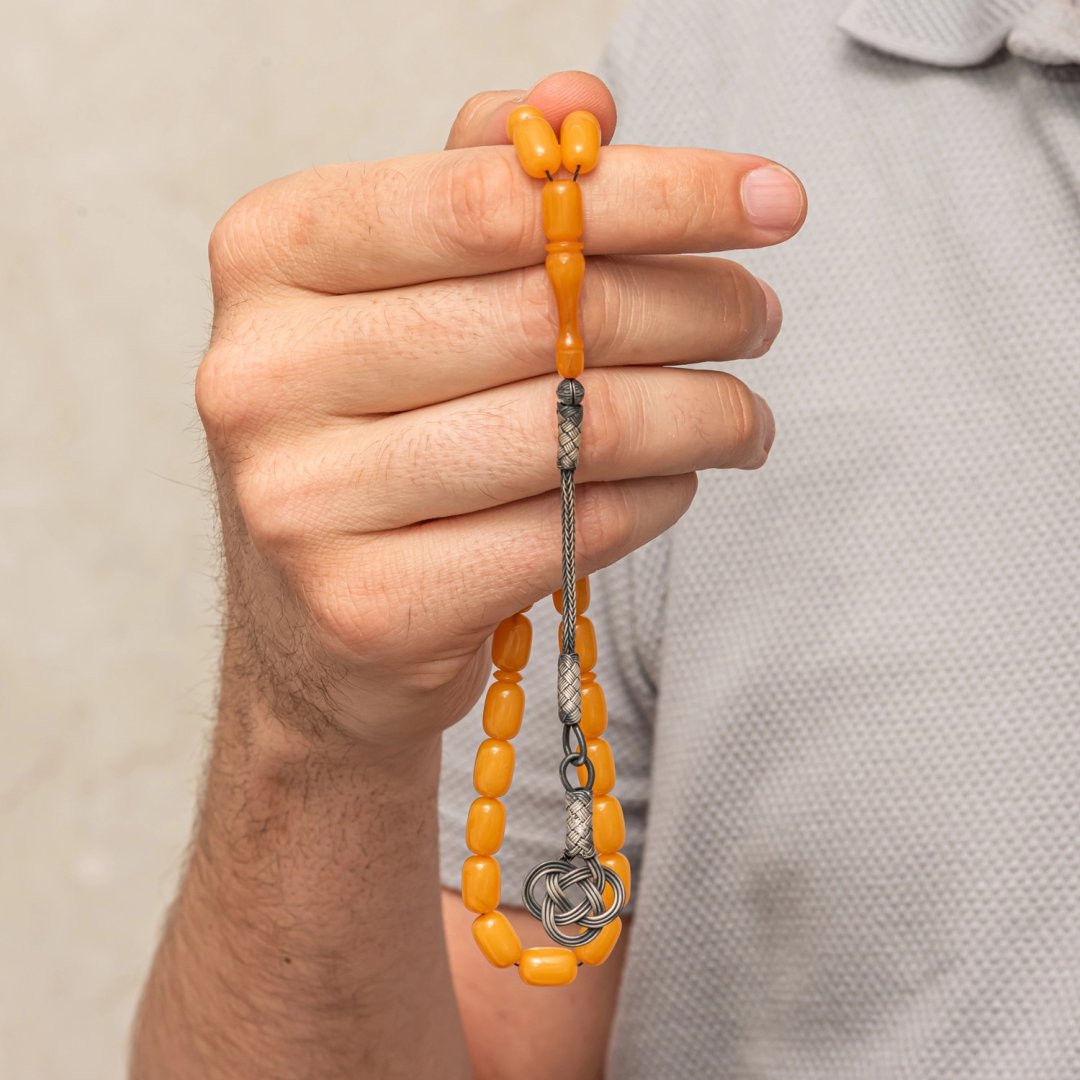 Gümüş Kazaz Püsküllü Sarı Sıkma Kehribar Tesbih – Kapsül Kesim 30 cm — Nes Altın