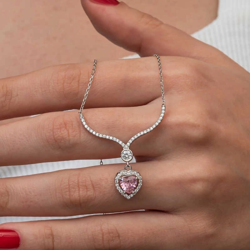Gümüş Pembe Zirkon Taşlı Kalp Kadın Kolye — Nes Altın