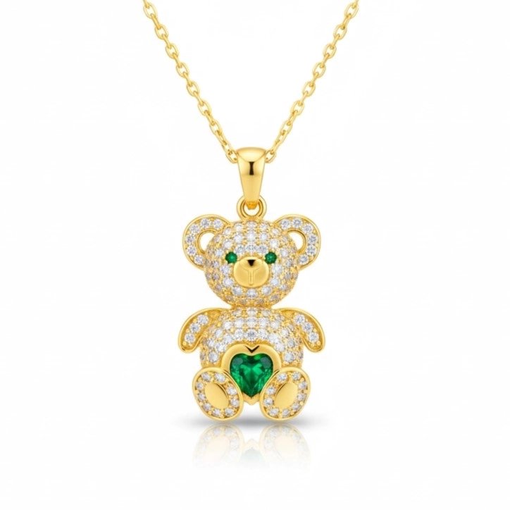 Gold Kaplama Gümüş Ayıcık Kadın Kolye – Yeşil Zirkon Taşlı, 45 cm — Nes Altın