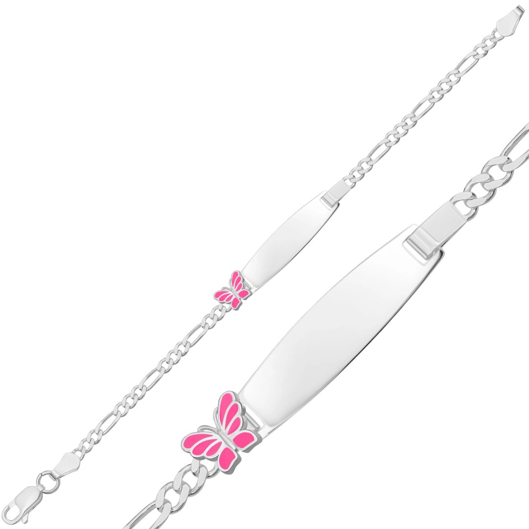 Pembe Kelebek Figürlü İsimli Çocuk Künyesi – 925 Ayar Gümüş, 16 cm — Nes Altın