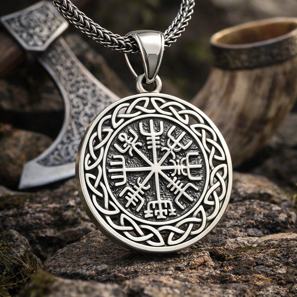 Gümüş Vegvisir Viking Pusulası Erkek Kolye — Nes Altın