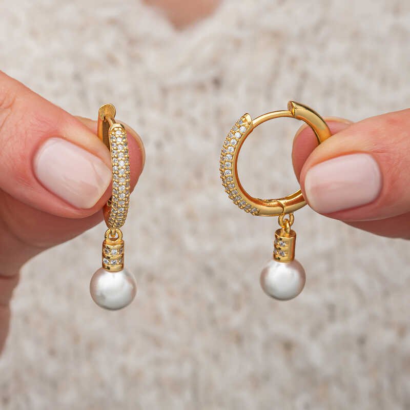 Gümüş Zirkon Taşlı Gold Halka İnci Küpe — Nes Altın