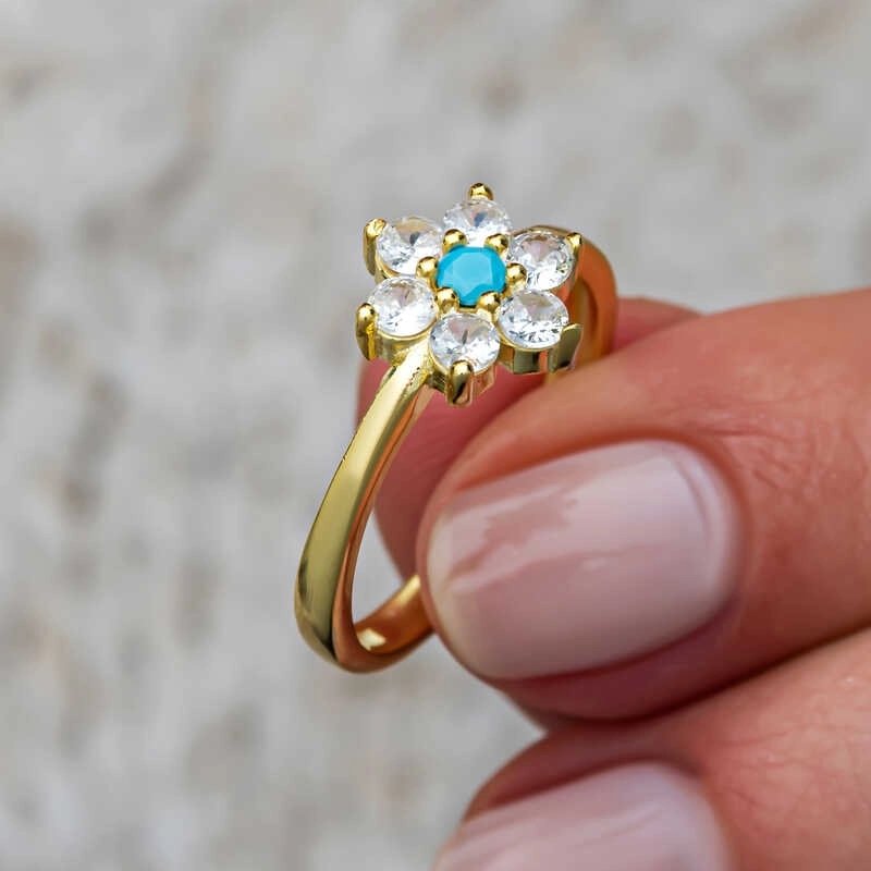 Gümüş Mavi Taşlı Gold Çiçek Kadın Yüzük — Nes Altın