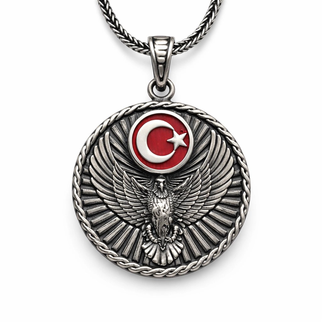 Gümüş Türk Kartalı ve Ay Yıldız Motifli Erkek Kolye — Nes Altın — görsel 3