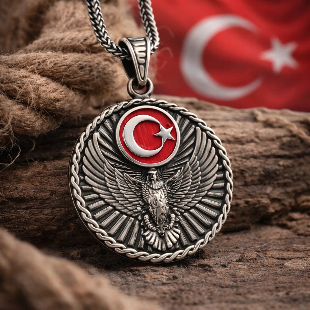Gümüş Türk Kartalı ve Ay Yıldız Motifli Erkek Kolye — Nes Altın
