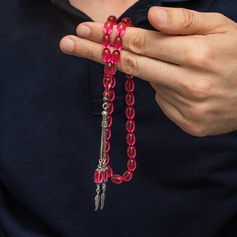 Gümüş Püsküllü Pembe Ateş Kehribar Tesbih — Nes Altın