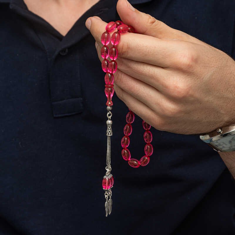 Gümüş Püsküllü Pembe Ateş Kehribar Tesbih — Nes Altın — görsel 2