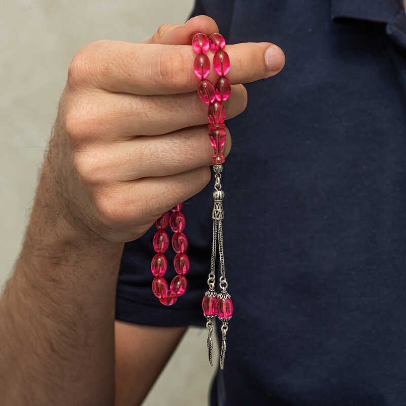 Gümüş Püsküllü Pembe Ateş Kehribar Tesbih — Nes Altın — görsel 3