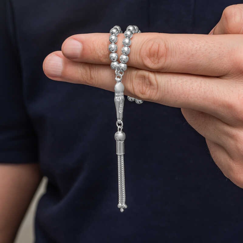 925 Ayar Gümüş Küçük Boy Yuvarlak Taneli Erkek Tesbih 16 cm — Nes Altın — görsel 2