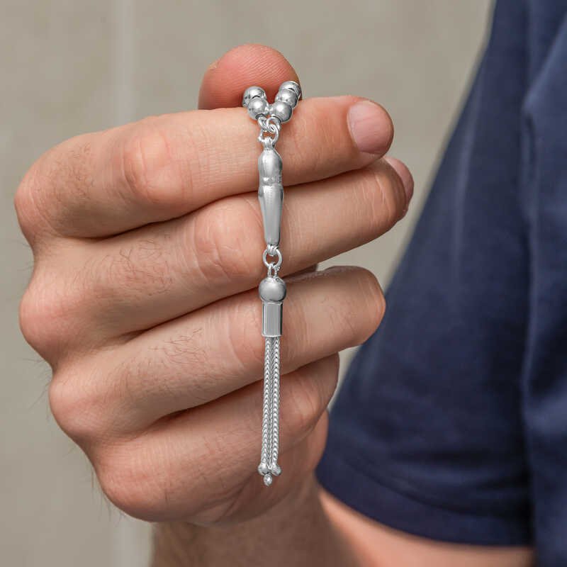 925 Ayar Gümüş Küçük Boy Yuvarlak Taneli Erkek Tesbih 16 cm — Nes Altın — görsel 3