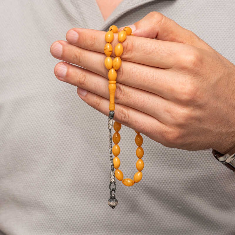 Gümüş Kazaz Püsküllü Sıkma Kehribar Tesbih – El Yapımı 30 cm — Nes Altın