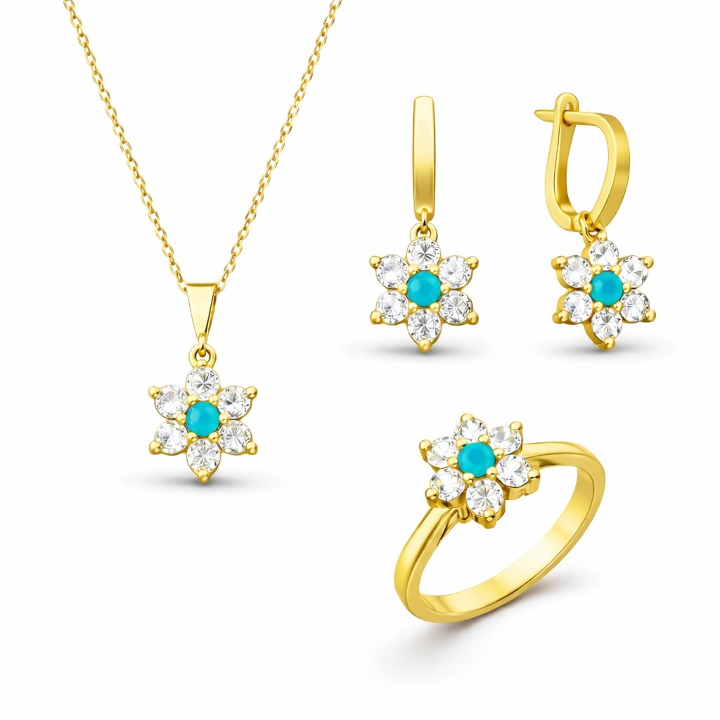 Gümüş Mavi Taşlı Gold Çiçek Kadın Set — Nes Altın — görsel 2