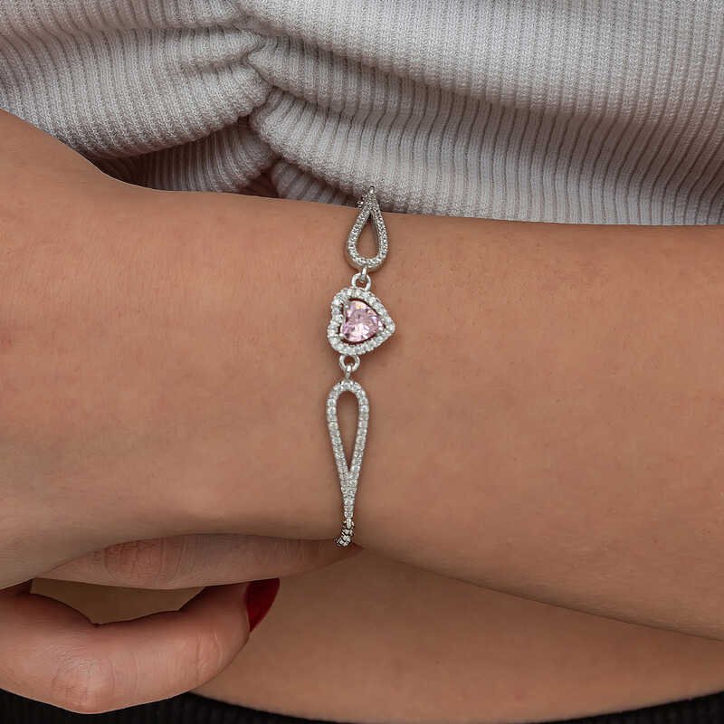 Gümüş Pembe Zirkon Taşlı Kalp Bileklik — Nes Altın