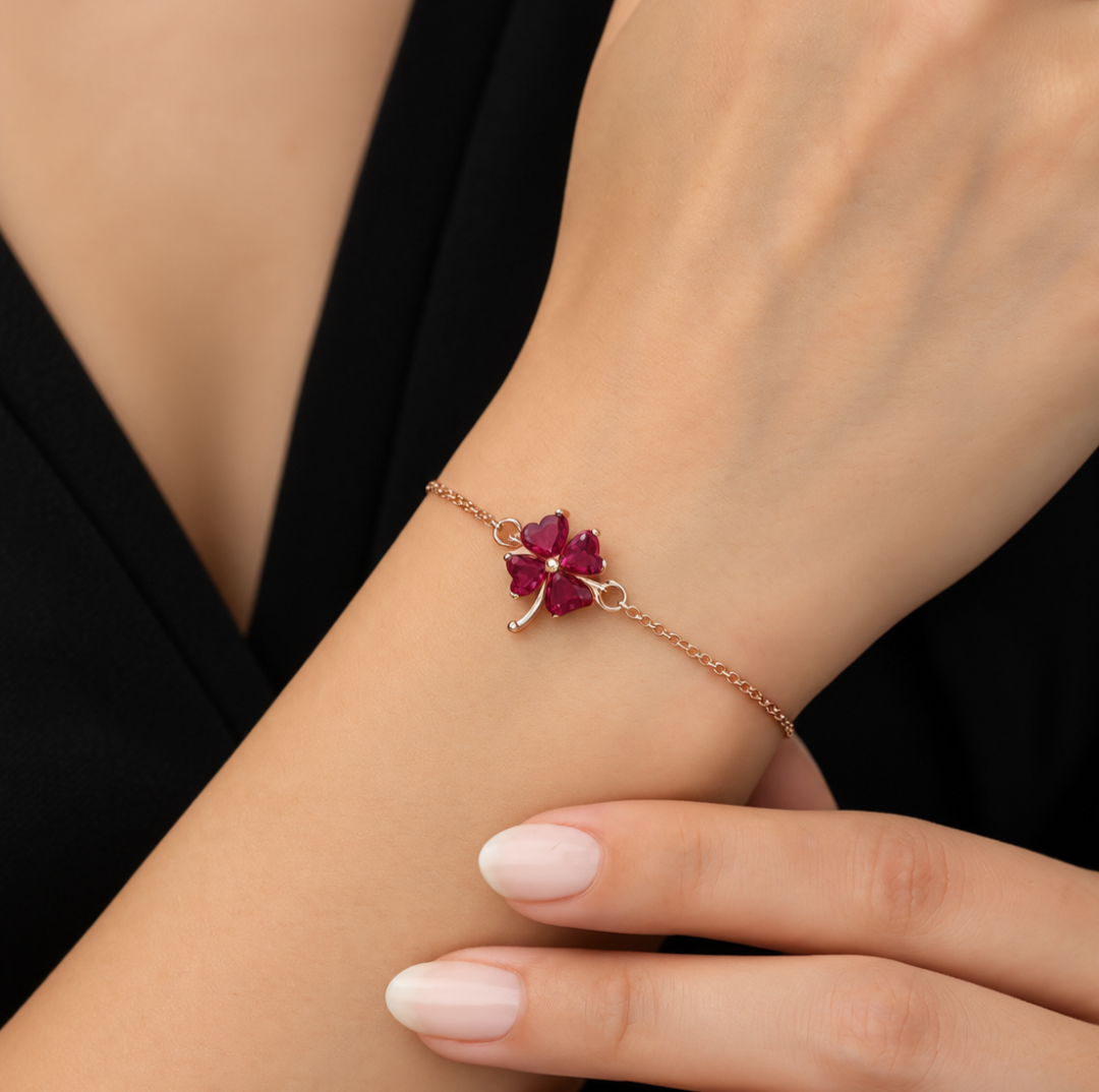 Rose Renk Koyu Pembe Taşlı Gümüş Yonca Bileklik – 21 cm — Nes Altın