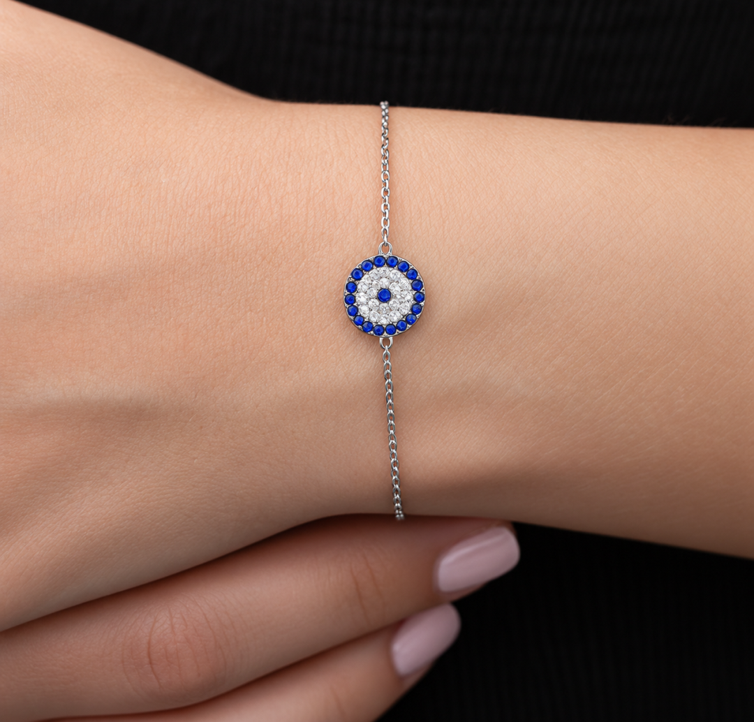 Minimal Nazar Gümüş Kadın Bileklik – Mavi Beyaz Taşlı, 18 cm — Nes Altın